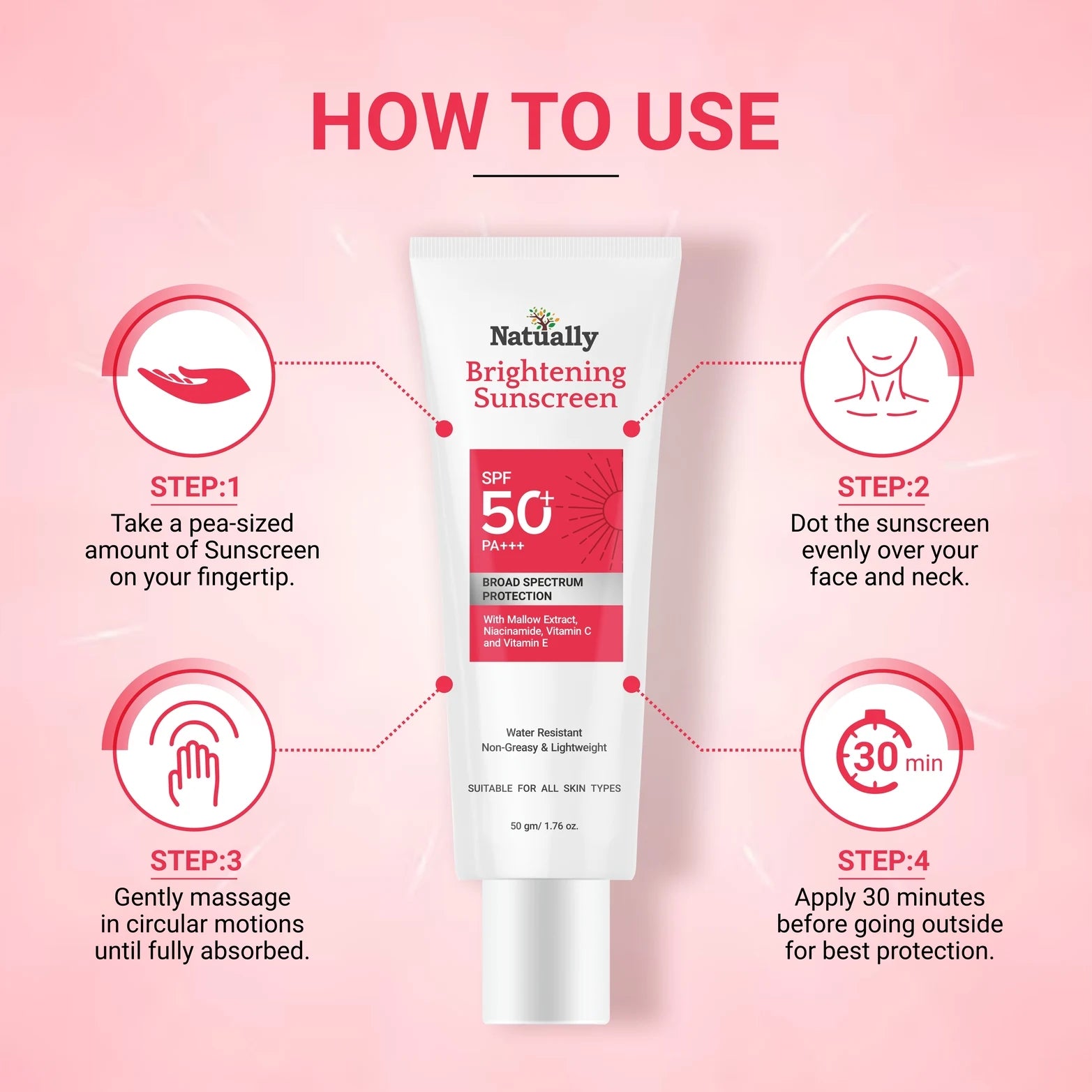 Natually Brightening Sunscreen SPF 50 PA+++ with Niacinamide, Vitamin C & Vitamin E - 50Gms