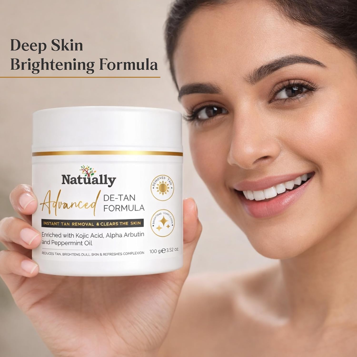 Advanced De-Tan Formula with Kojic Acid & Alpha Arbutin for Bright, Even Skin Tone
